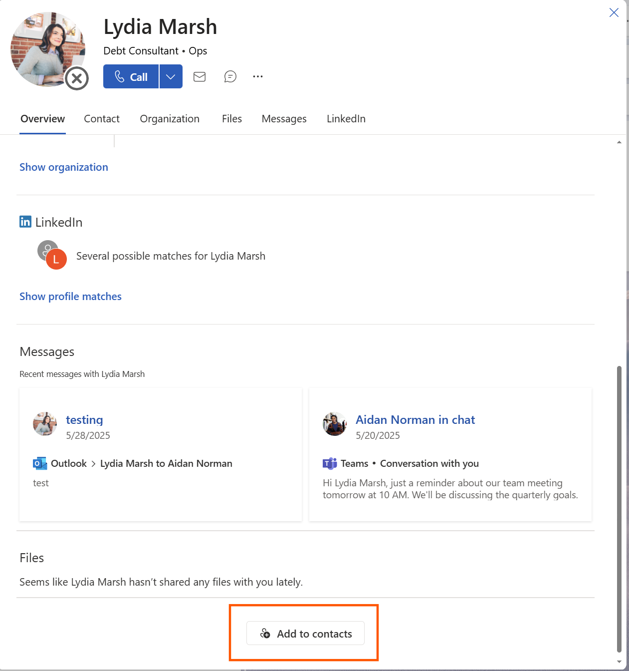 A profile card with sample contact information, with a highlight on "Add to Contacts" in the bottom of the card.