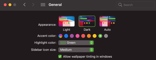 The Dark Mode selected in macOS.