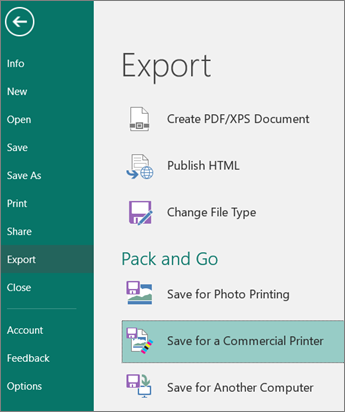 Click Save for a Commercial Printer