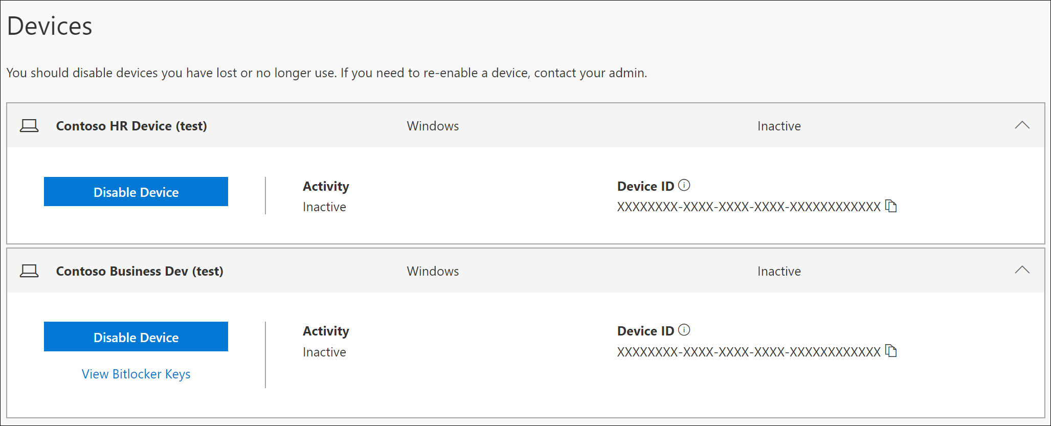 Device page with BitLocker key option