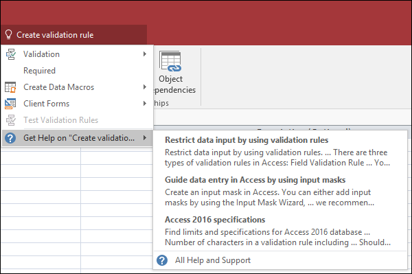 Click the Tell Me box in Access and type in what you'd like to do. Tell Me will try to help to accomplish that task.