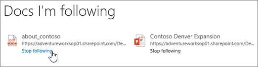 Docs I'm following list with Stop Following highlighted