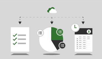 A cloud with down arrows pointing to a checklist, a pie chart showing progress on different projects, and a timesheet