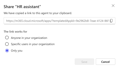 A screenshot of the options for sharing an agent