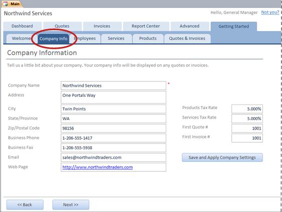 Company Info tab of the Services database template