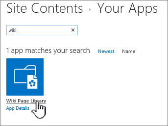 Site contents with Wiki app tile highlighted