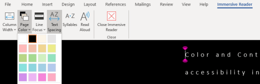 The Immersive Reader page color menu in Word.