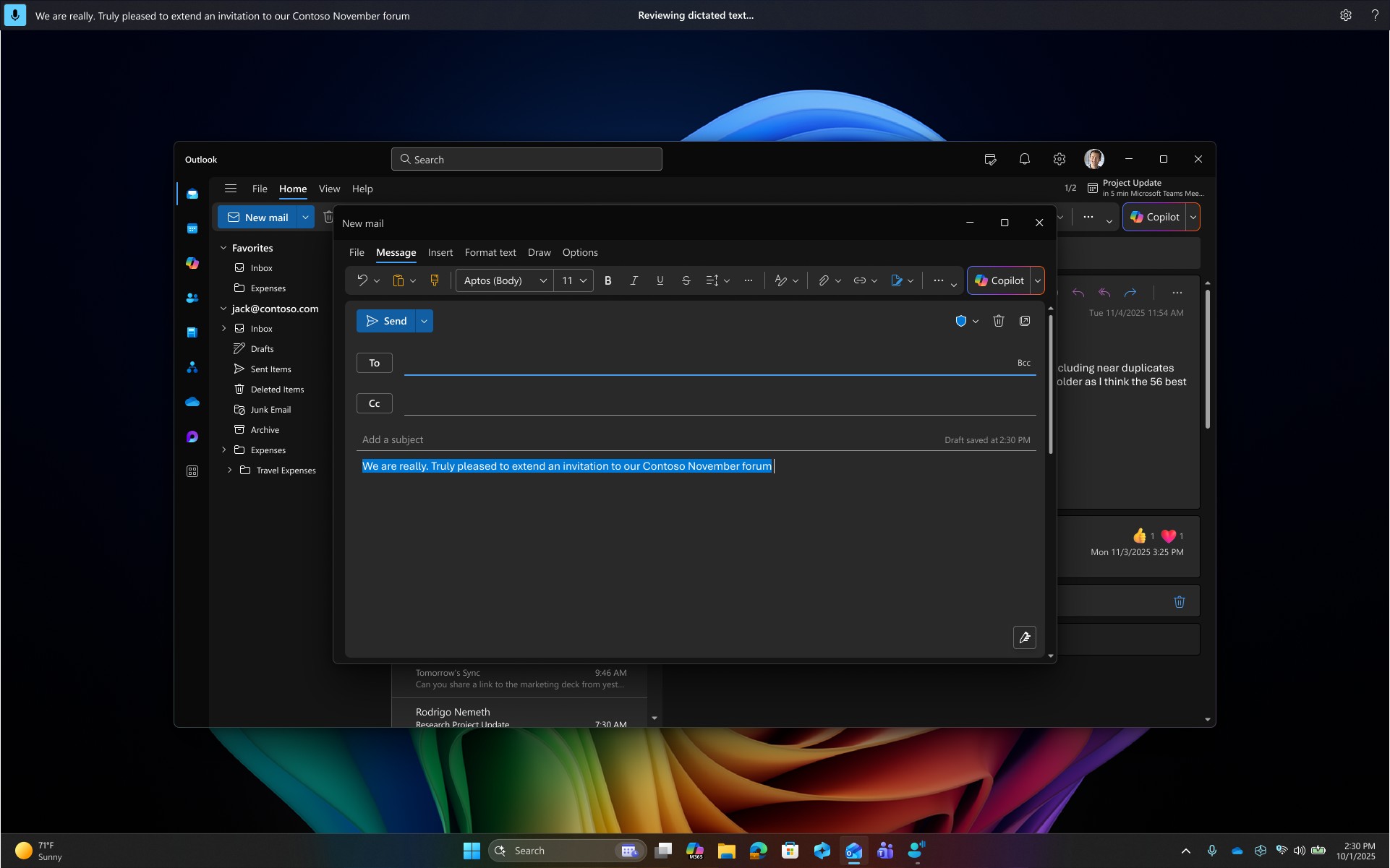 The dictated text being processed in Outlook using fluid dictation.