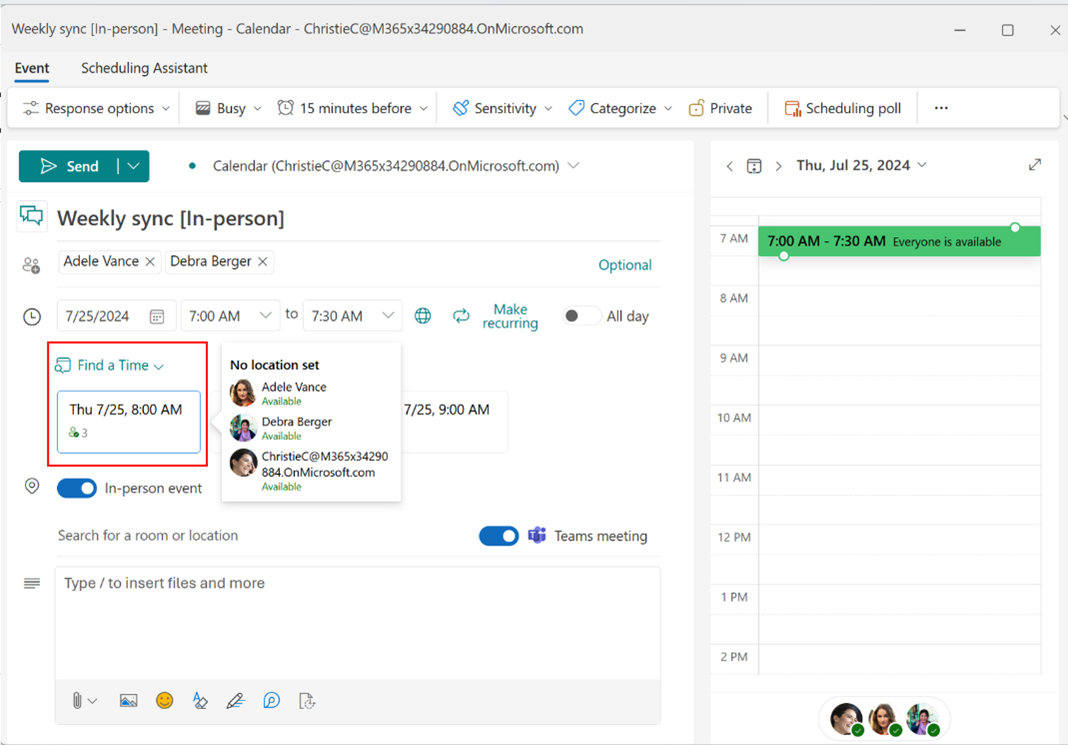 Screenshot shows In-person event toggle on in new Outlook