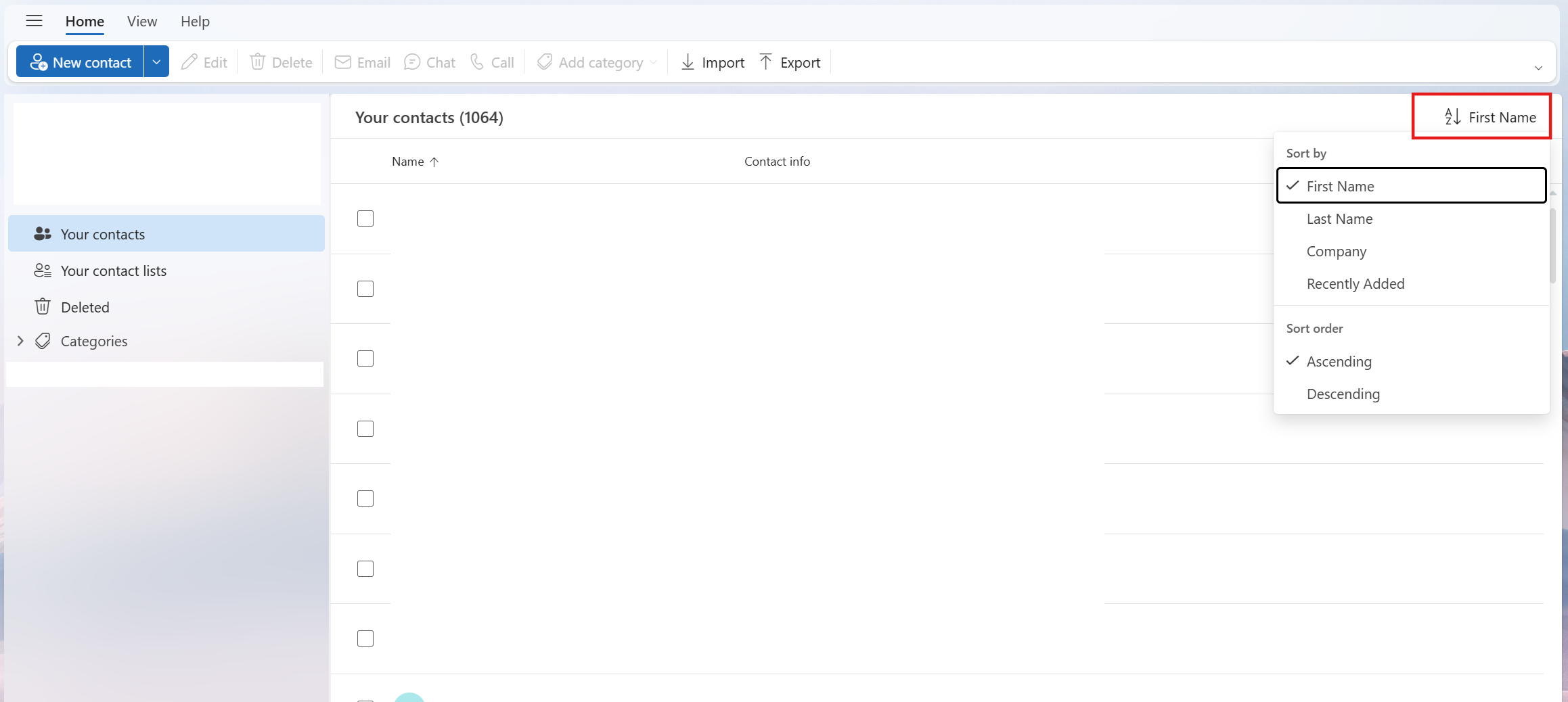 Screenshot of the new Outlook showing the options to sort contacts