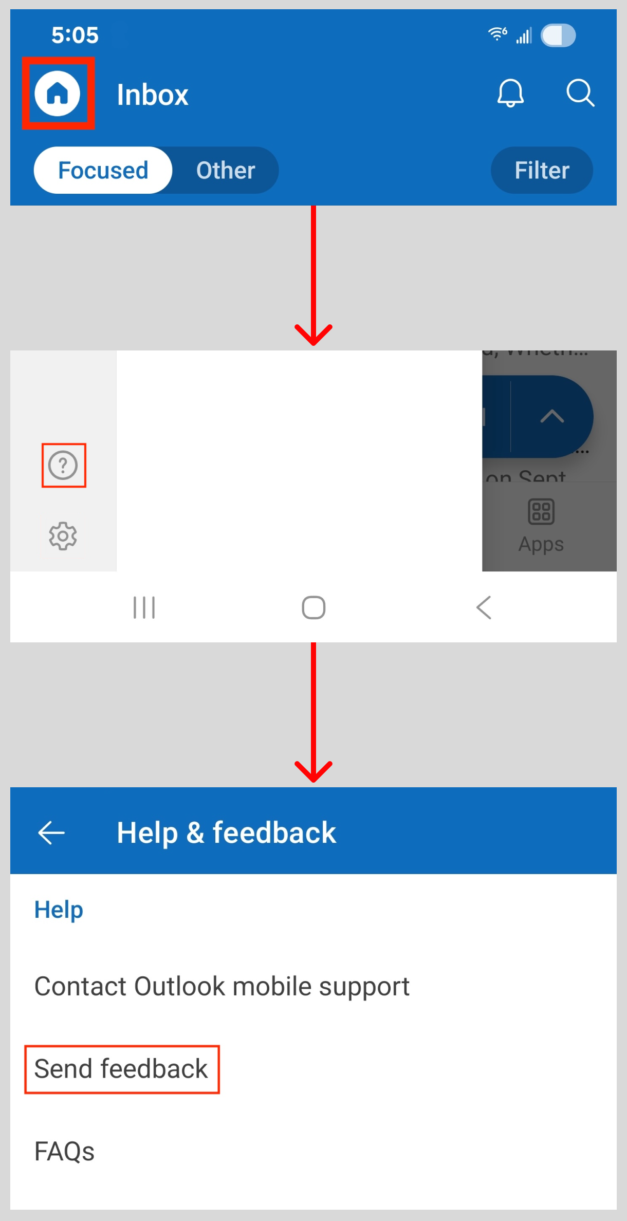 This image reveals how to get to the Send Feedback feature in Outlook for Android.