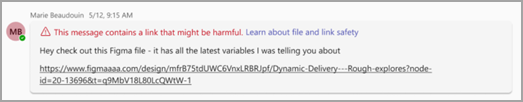 Screenshot showing a warning message for a potentially dangerous shared link in Microsoft Teams.