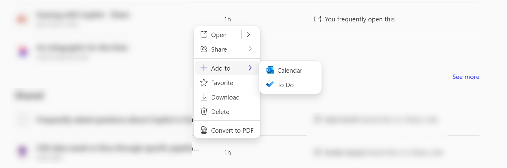 A context menu in the Microsoft 365 Copilot app showing that you can add a file to either Calendar or To Do.