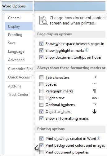 The Print background colors and images check box in the Word options dialog box