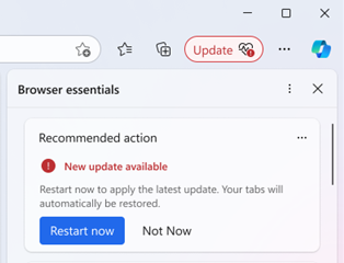 Browser essentials side panel with update and restart now button.