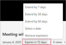 Screenshot highlighting how to extend a recording expiration date in Microsoft Stream.