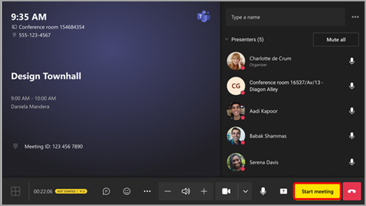 Screenshot of an MTR console with the option to start meeting highlighted.