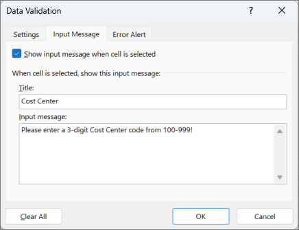 Input message settings in the Data Validation dialog box