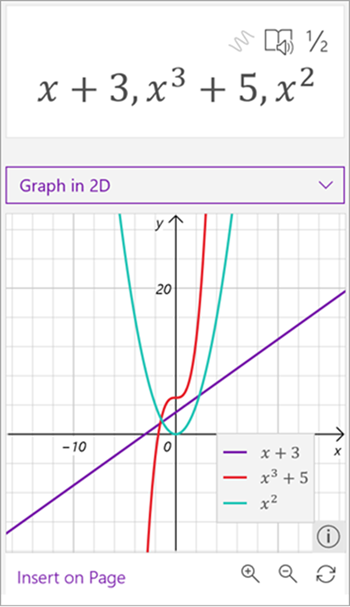 screenshot of math assistant generated graph of three equations, x plus 3 in purple, x to the third plus 5 in red, and x squared in green.