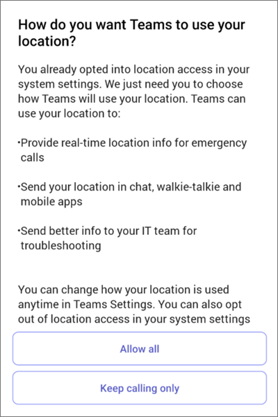 Teams ;location detection consent mobile