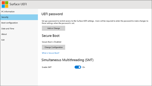Screenshot of the Security screen in the Surface UEFI.