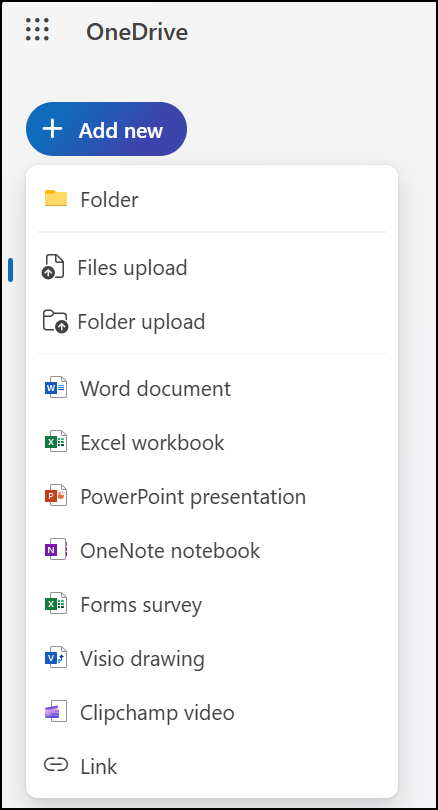 OneDrive's New menu, Excel Workbook command