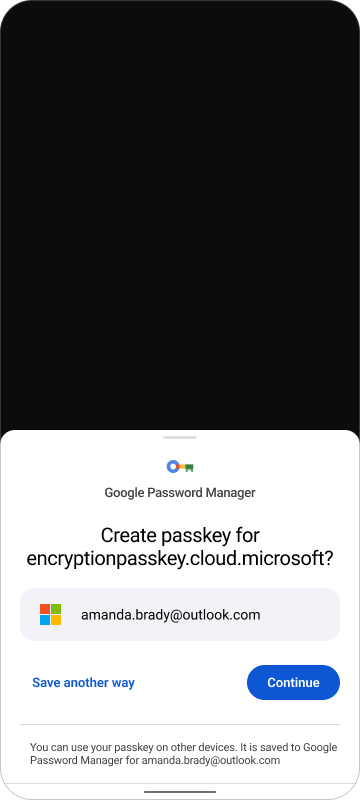 Screenshot of an Android phone showing the save passkey option.