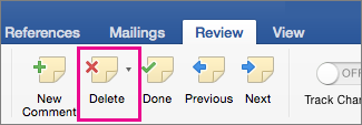 On the Review tab, Delete Comment is highlighted