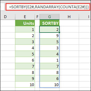 Use SORTBY with RANDARRAY, and COUNTA. In this case, E2# references the entire range beginning in cell E2, as that was populated using =SEQUENCE(10). The # sign is called the spilled range operator.