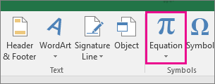 Equation button on the Excel 2016 ribbon