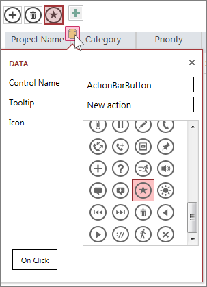 The Data dialog of a custom action on a web datasheet