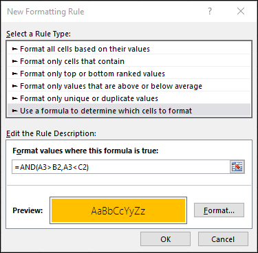 Conditional Formatting > Edit Rule dialog showing the Formula method