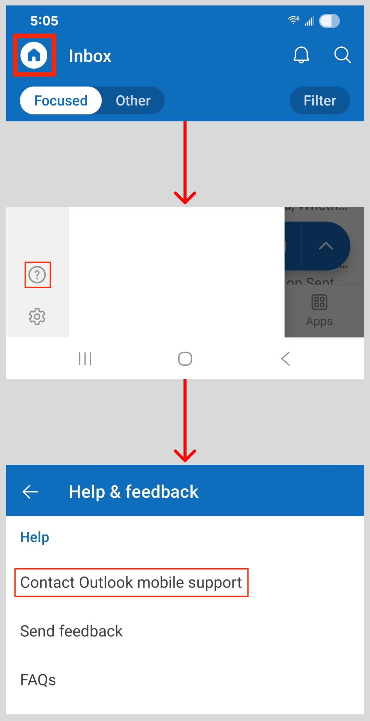 This image reveals how to get to the Contact Outlook Mobile Support feature in Outlook for Android.