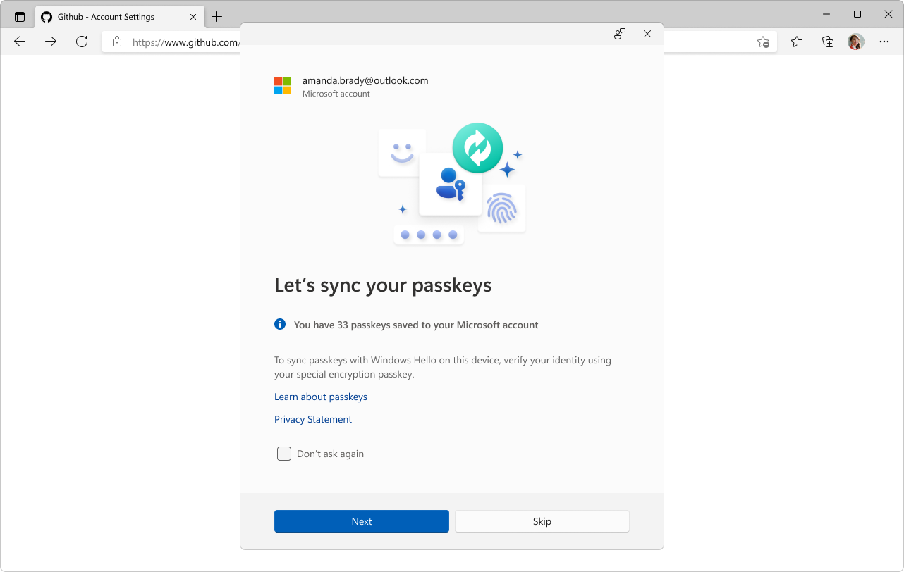 Screenshot of the sync passkeys screen asking to sync the passkeys stored on the Microsoft account to Windows.