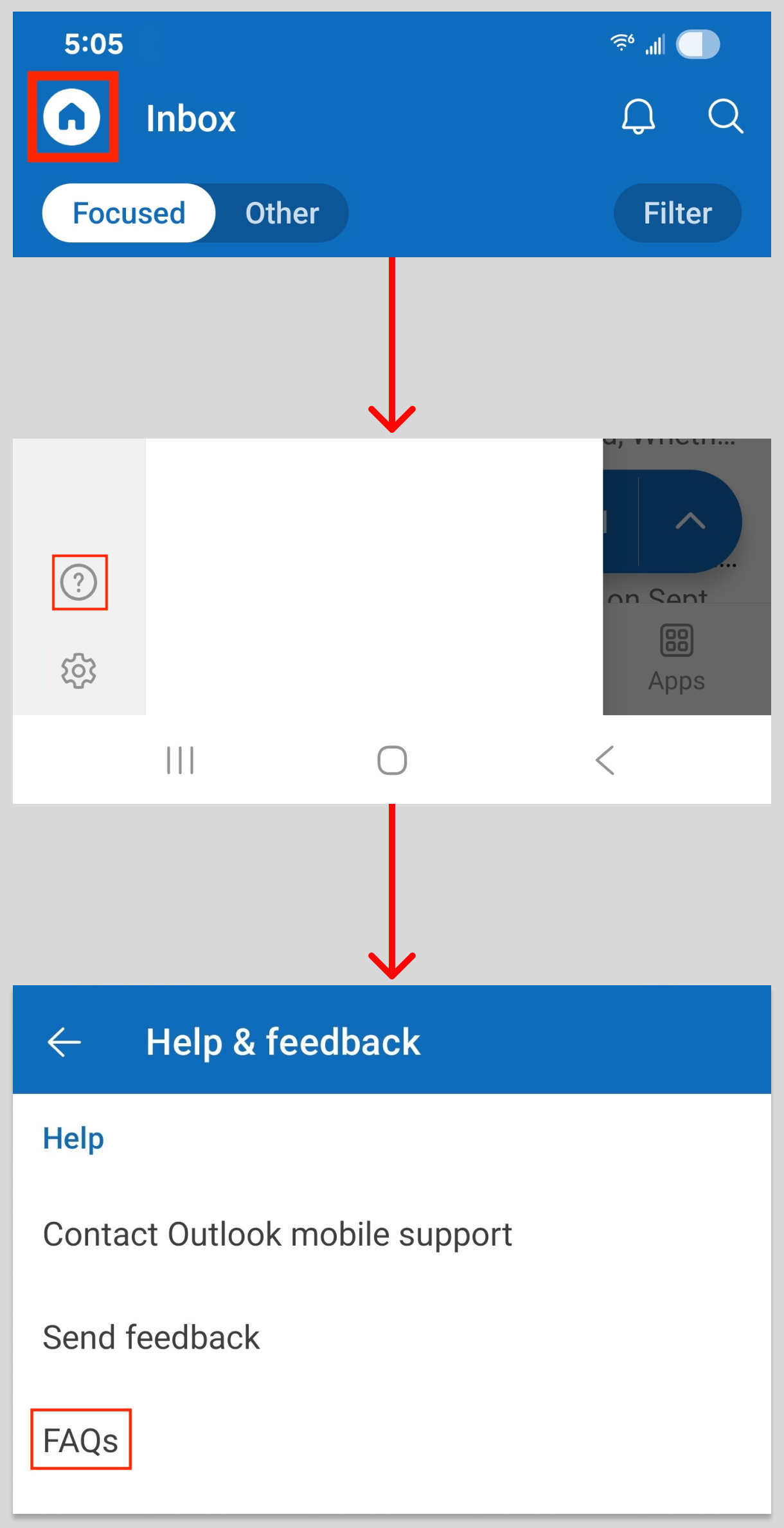 This image reveals how to get to the FAQ feature in Outlook for Android.