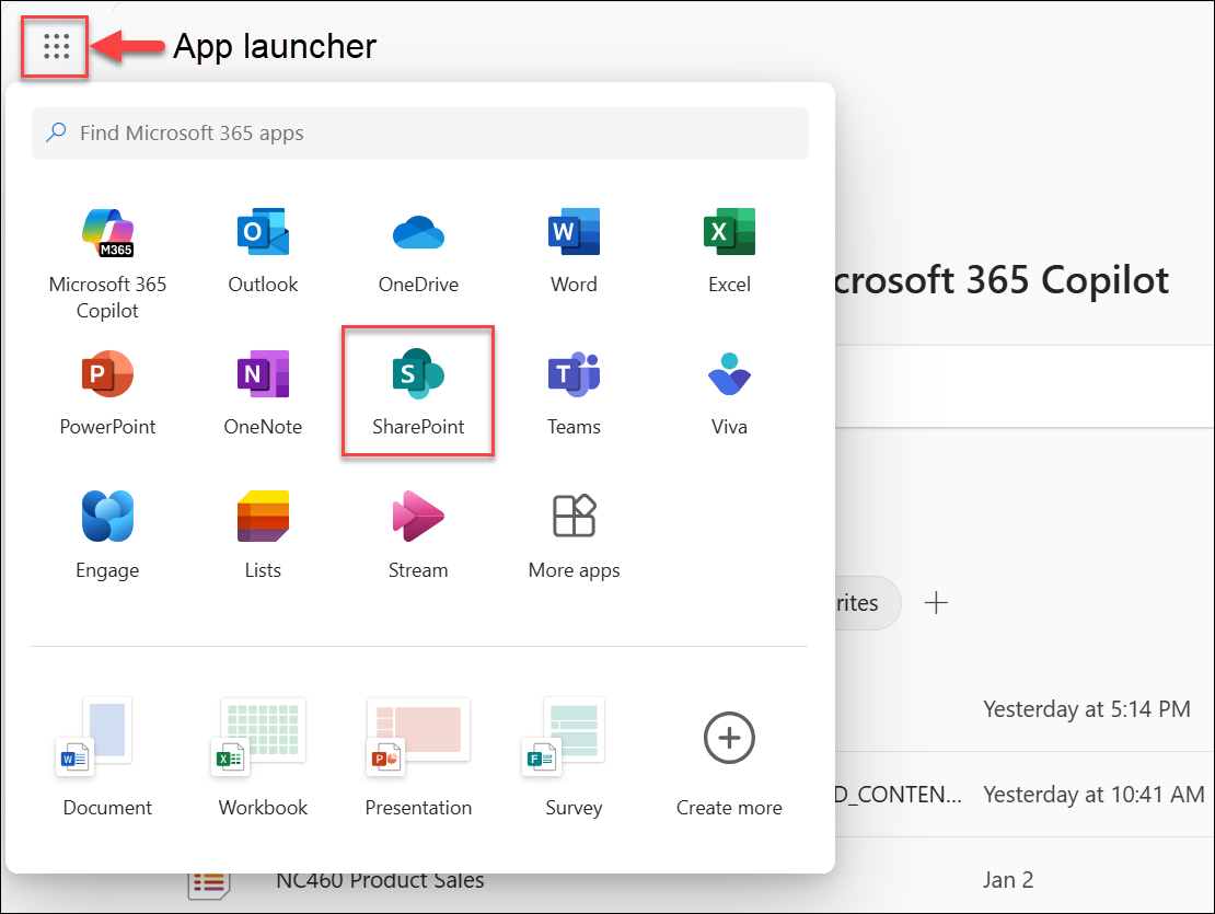 Screenshot of Select app launcher to open SharePoint