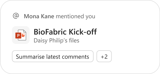 A PowerPoint file featured as a recommended file along with suggested Copilot prompts for further action.
