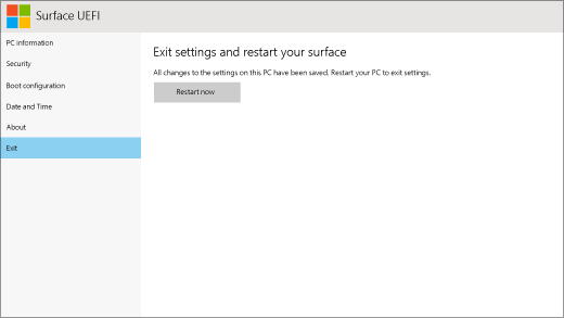 The exit screen for Surface UEFI