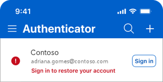 Screenshot of Microsoft Authenticator showing the message "sign in to restore your account"