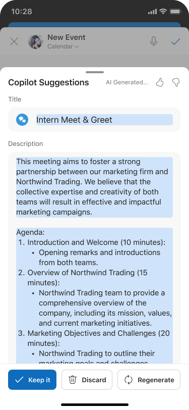 Copilot Suggestions sheet for Schedule with Copilot