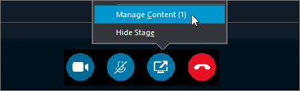 A screenshot showing the Project Content menu in a Skype for Business meeting, with Manage Content selected.
