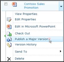 Document drop-down box in a SharePoint library. "Publish a major version" is highlighted.