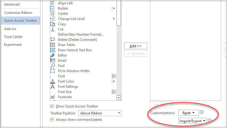 Reset and Import Export fields in QAT File Options