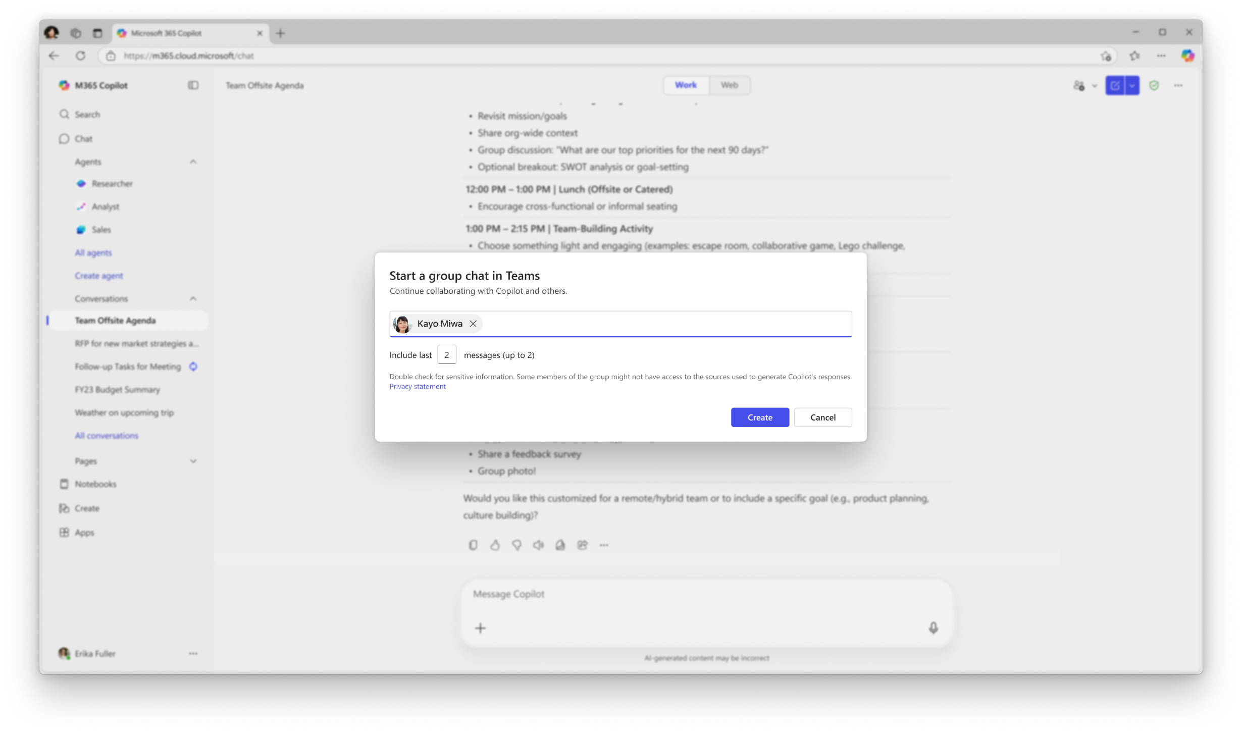 Start a group chat in Teams dialog