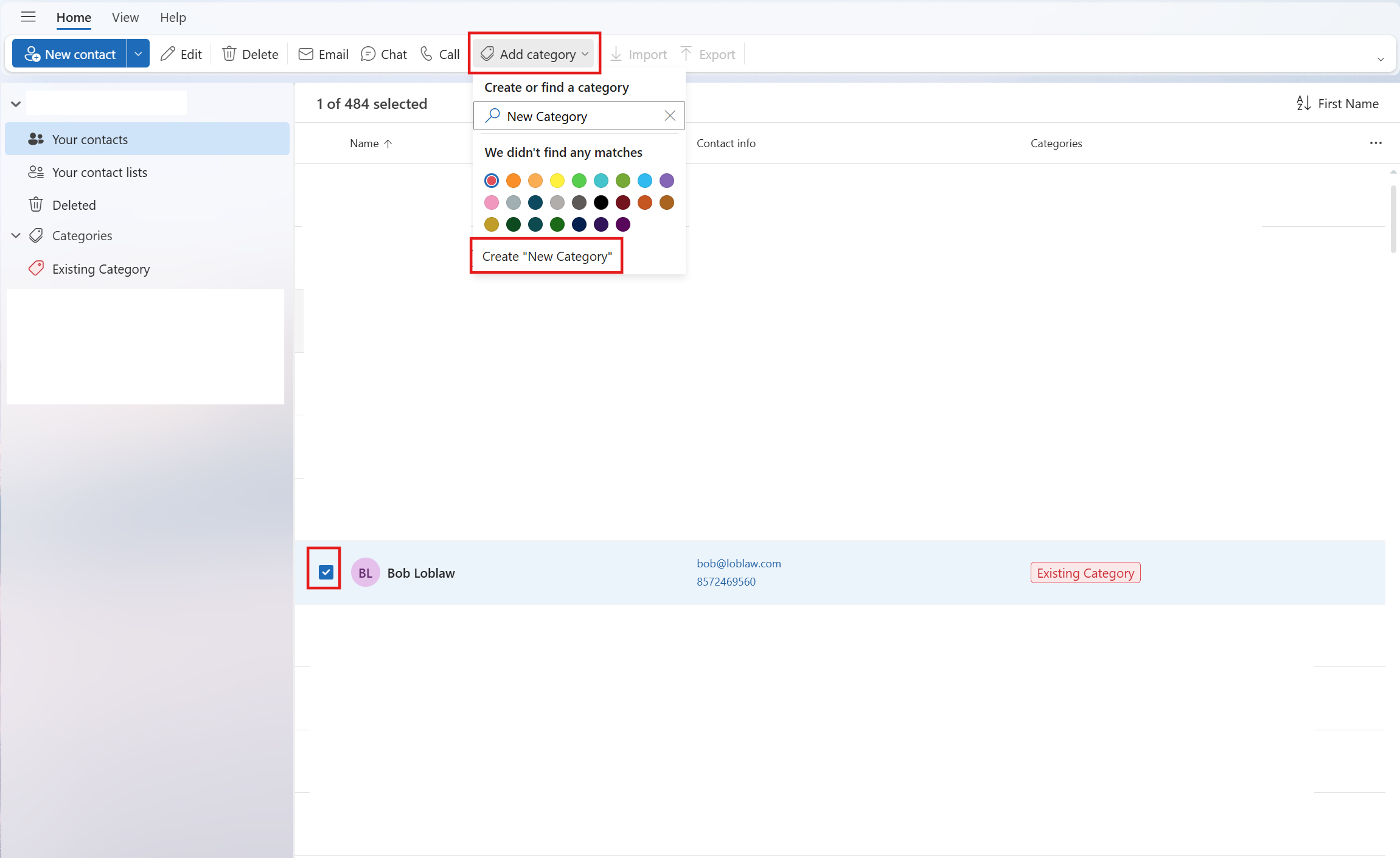 Assigning a contact to a category on the ribbon