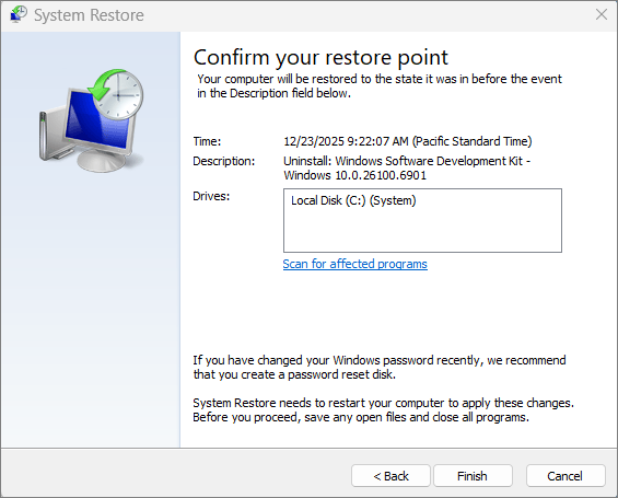 Screenshot of System Restore.