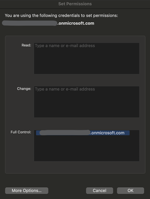 Screenshot of the My Permissions dialog showing the user's IRM rights.