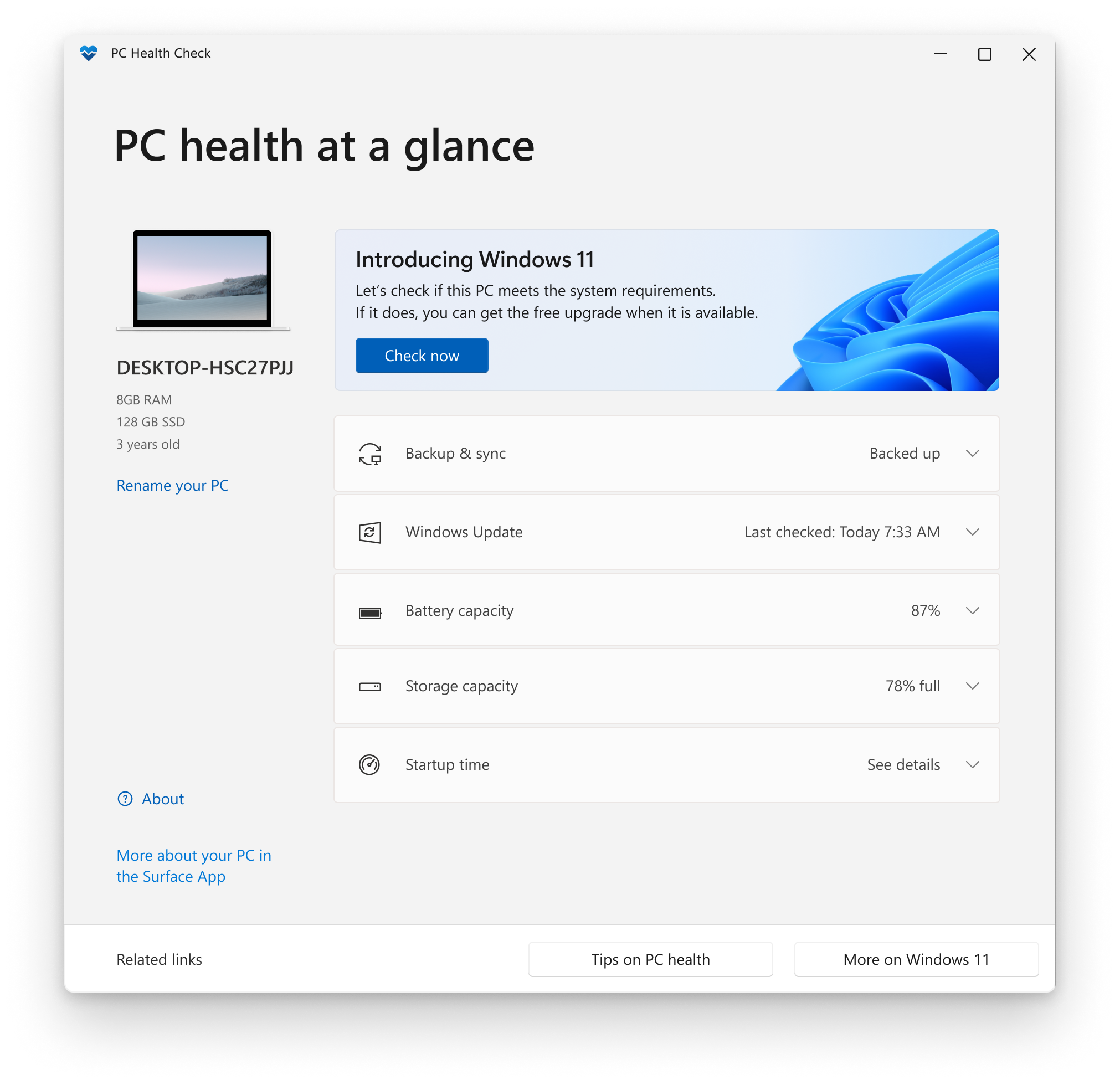 A screenshot of the PC Health Check app home screen showing PC health at a glance.