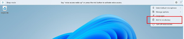 Voice access settings menu showing the Add to vocabulary option highlighted.