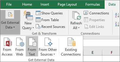The From Text option is highlighted on the Data tab.